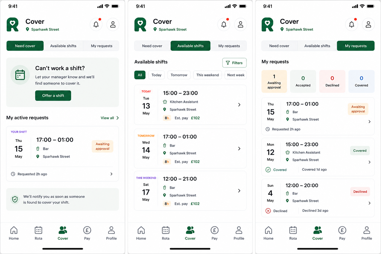 RotaSmart Team app cover screens showing offer a shift, available shifts, and cover request status