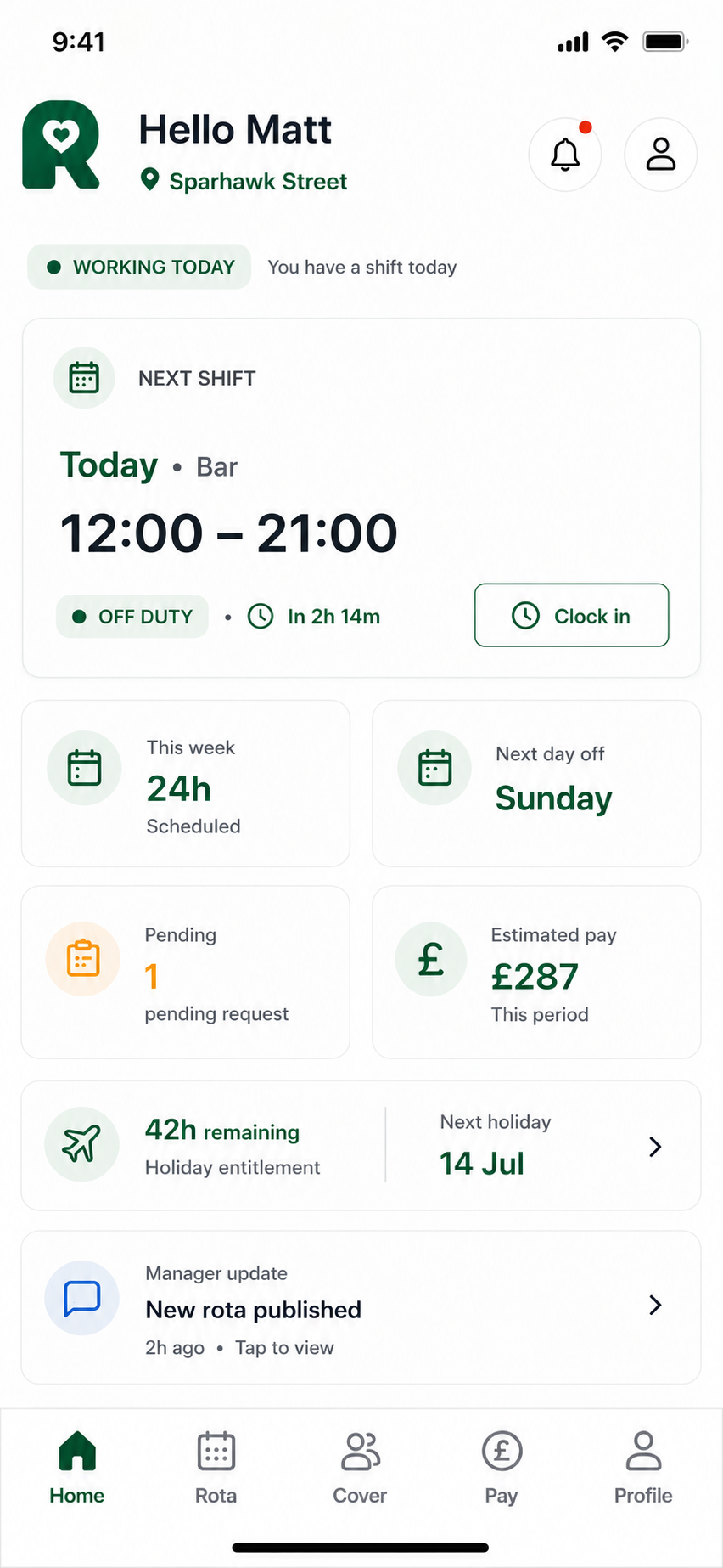 RotaSmart Team app home screen showing next shift, clock-in, scheduled hours, estimated pay, holiday, and manager update