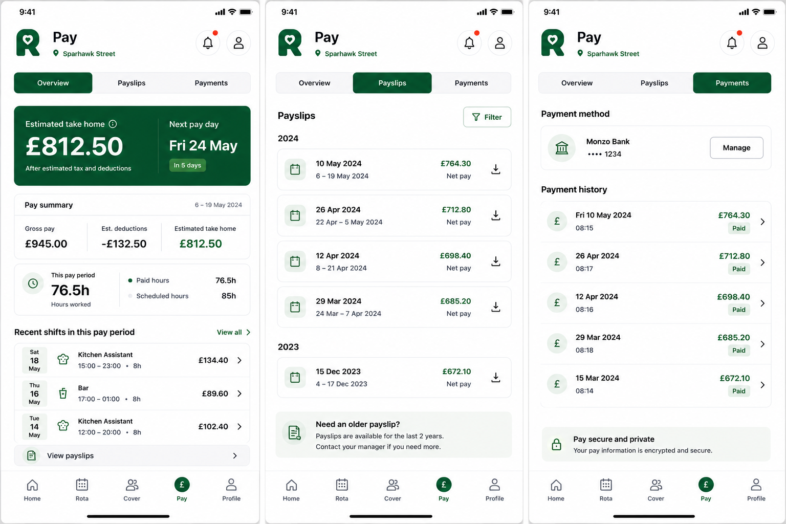 RotaSmart Team app Pay screens showing estimated take-home pay, payslips, payments, recent shifts, and payment history