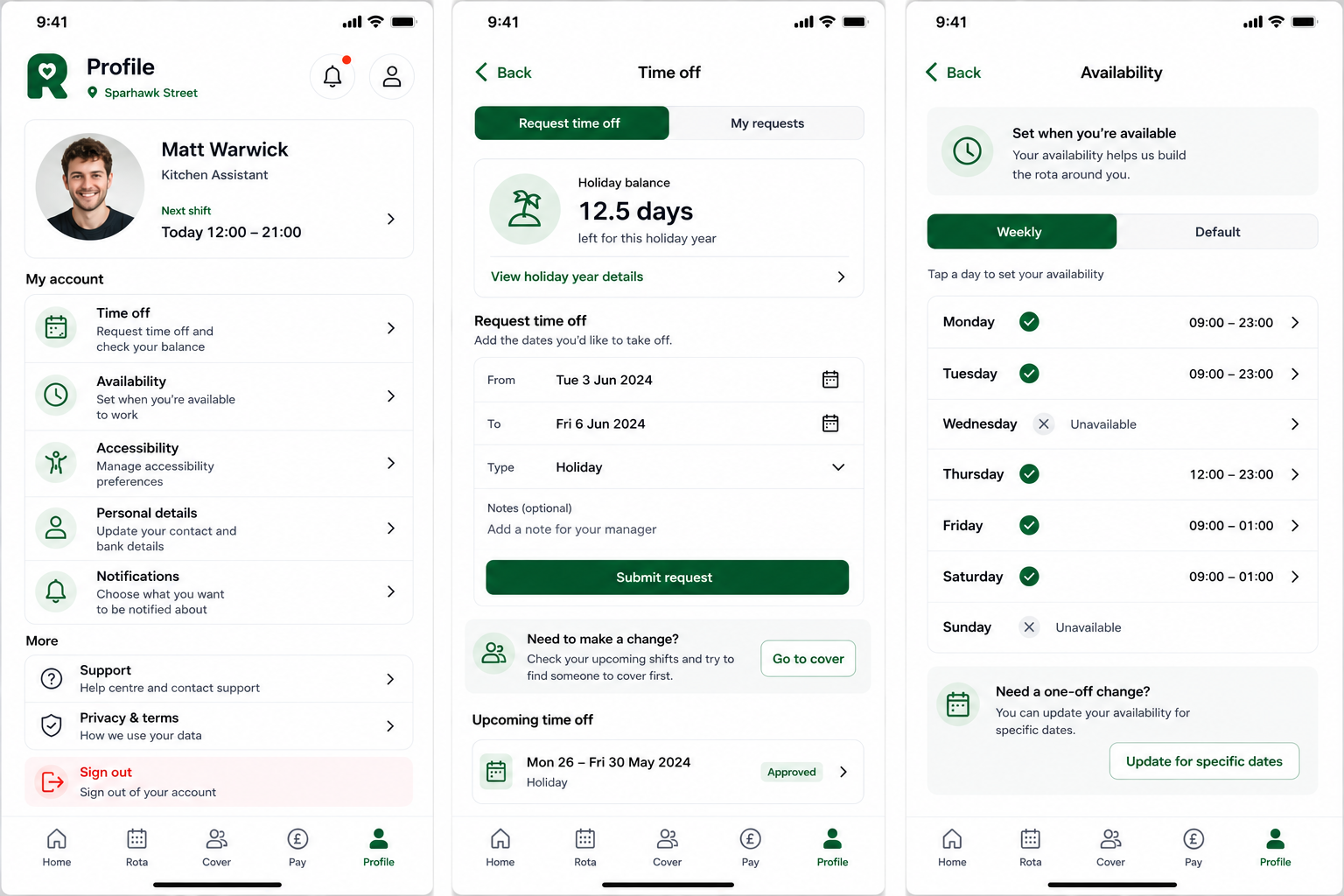 RotaSmart Team app screens showing profile, request time off, holiday balance, and availability settings