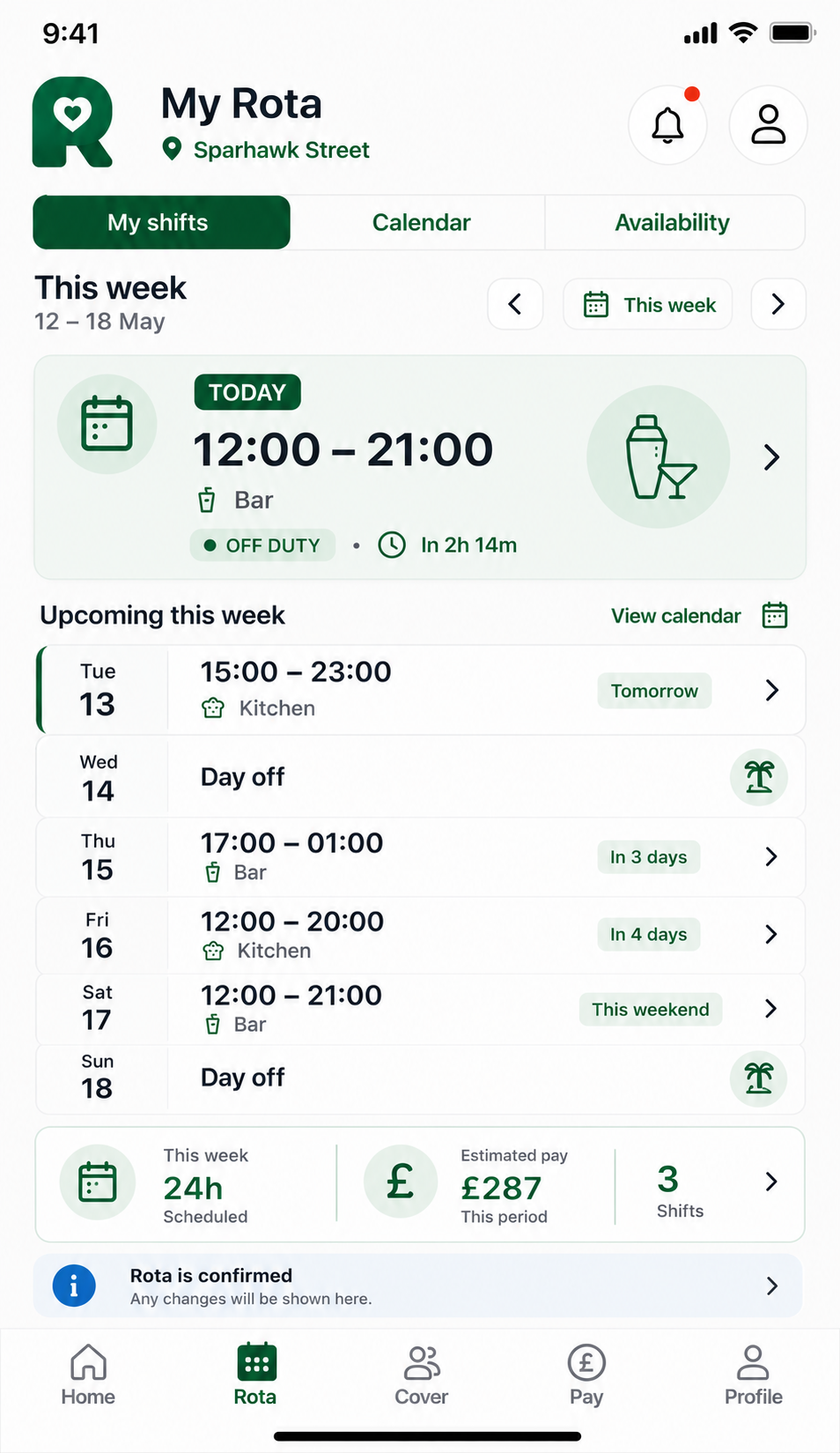 RotaSmart Team app rota screen showing this week's shifts, calendar controls, scheduled hours, estimated pay, and rota confirmation